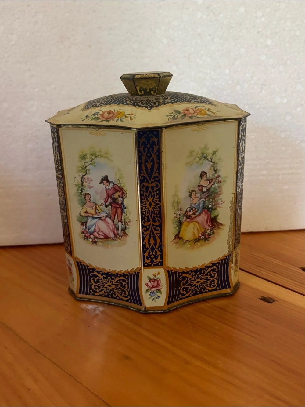 Vintage Floral Colonial Couple Lidded Tin Canister